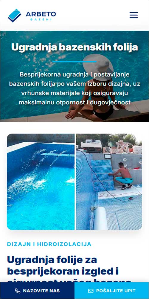 Prikaz responzivnog web dizajna za klijenta Arbeto Bazeni – mobilna verzija stranice